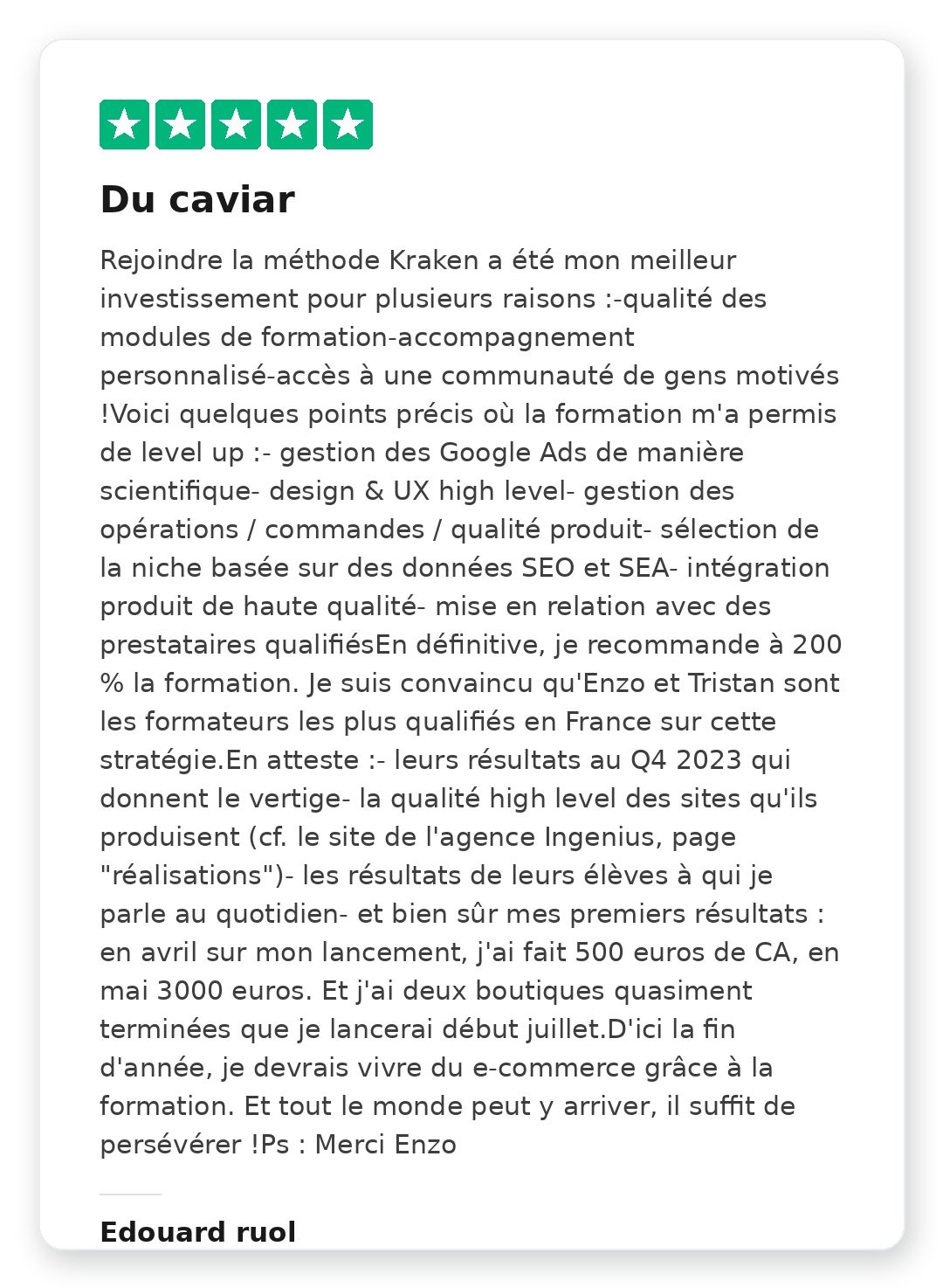 Avis Trustpilot 5 étoiles de Edouard ruol sur la Méthode Kraken