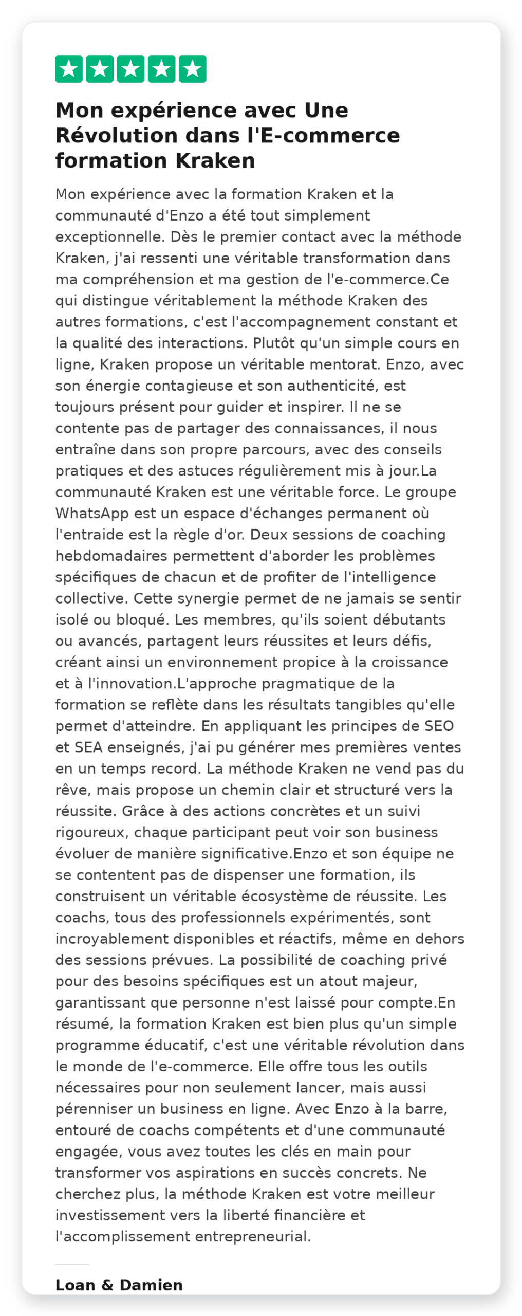 Avis Trustpilot 5 étoiles de Loan Damien sur la Méthode Kraken