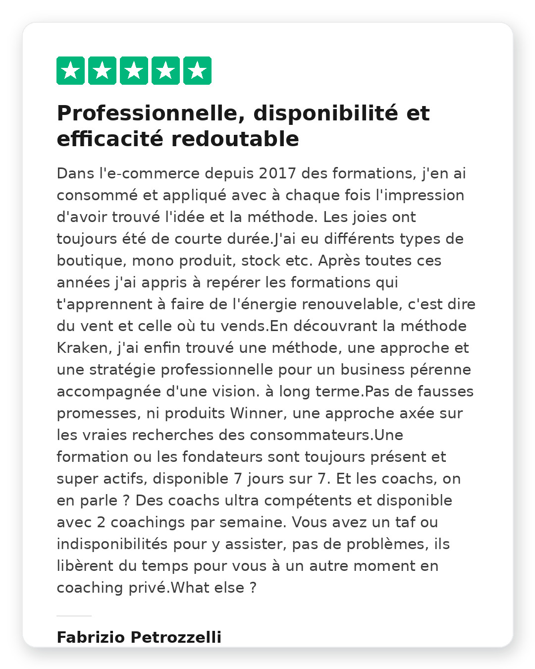 Avis Trustpilot 5 étoiles de Fabrizio Petrozzelli sur la Méthode Kraken