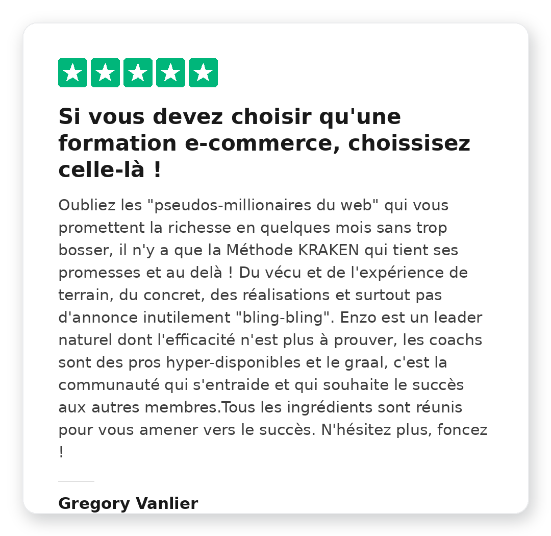Avis Trustpilot 5 étoiles de Gregory Vanlier sur la Méthode Kraken
