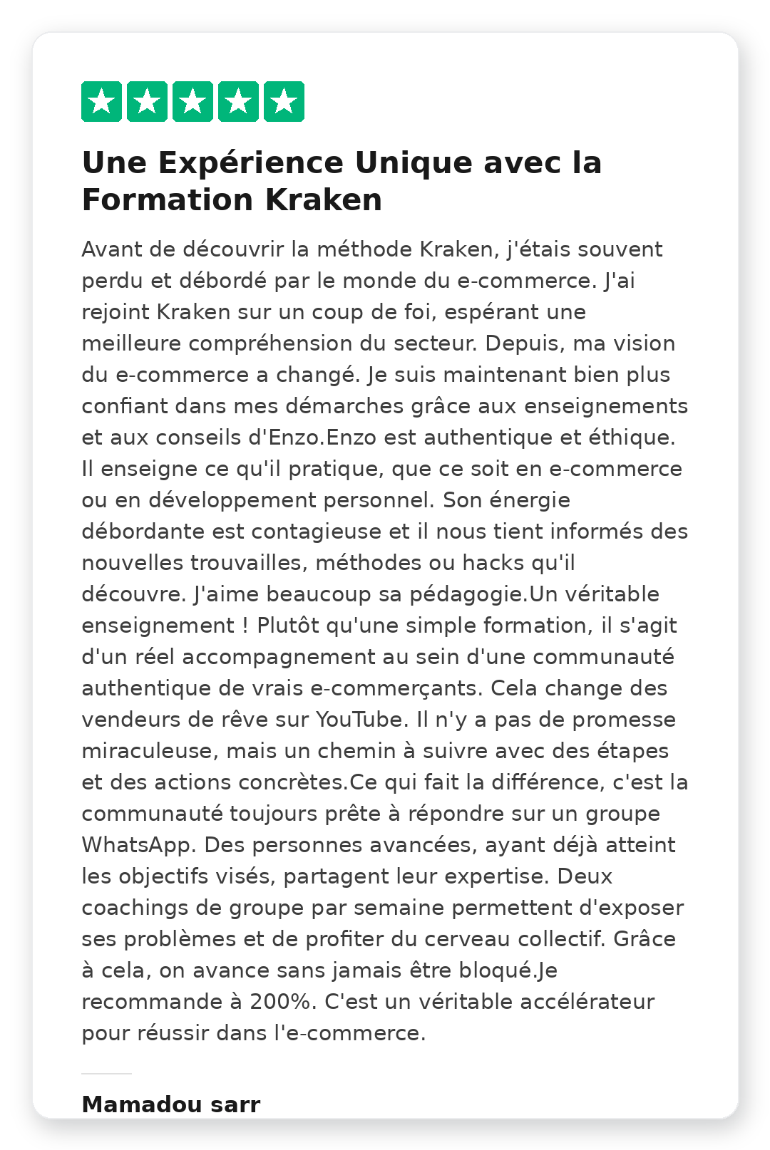Avis Trustpilot 5 étoiles de Mamadou sarr sur la Méthode Kraken