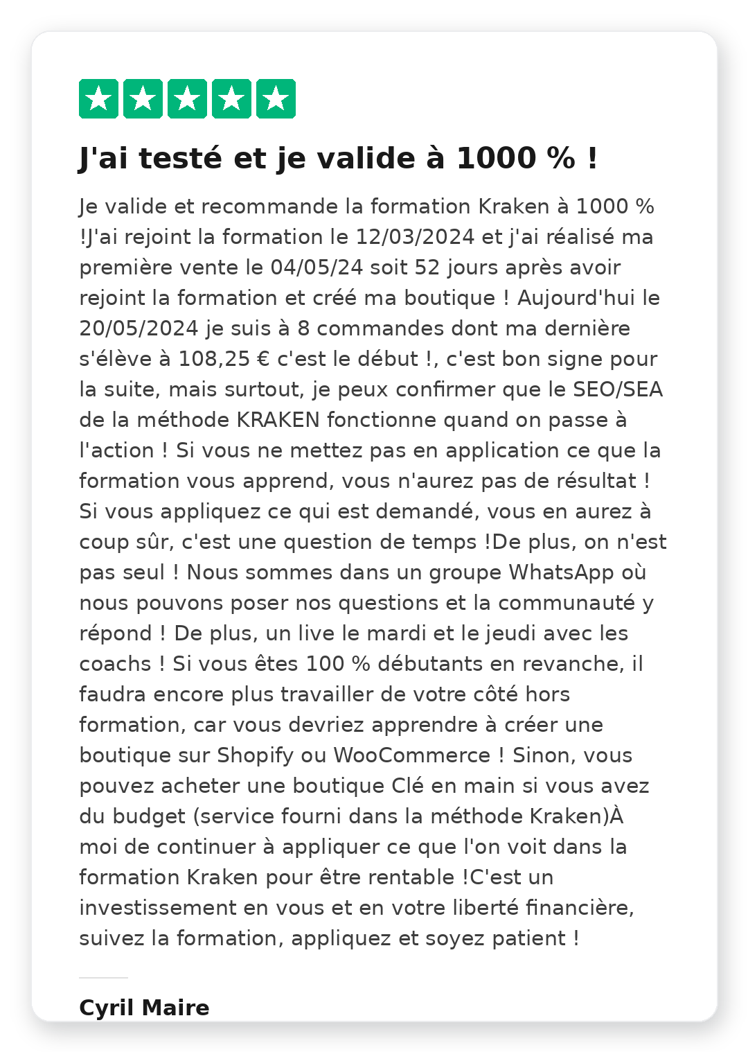 Avis Trustpilot 5 étoiles de Cyril Maire sur la Méthode Kraken