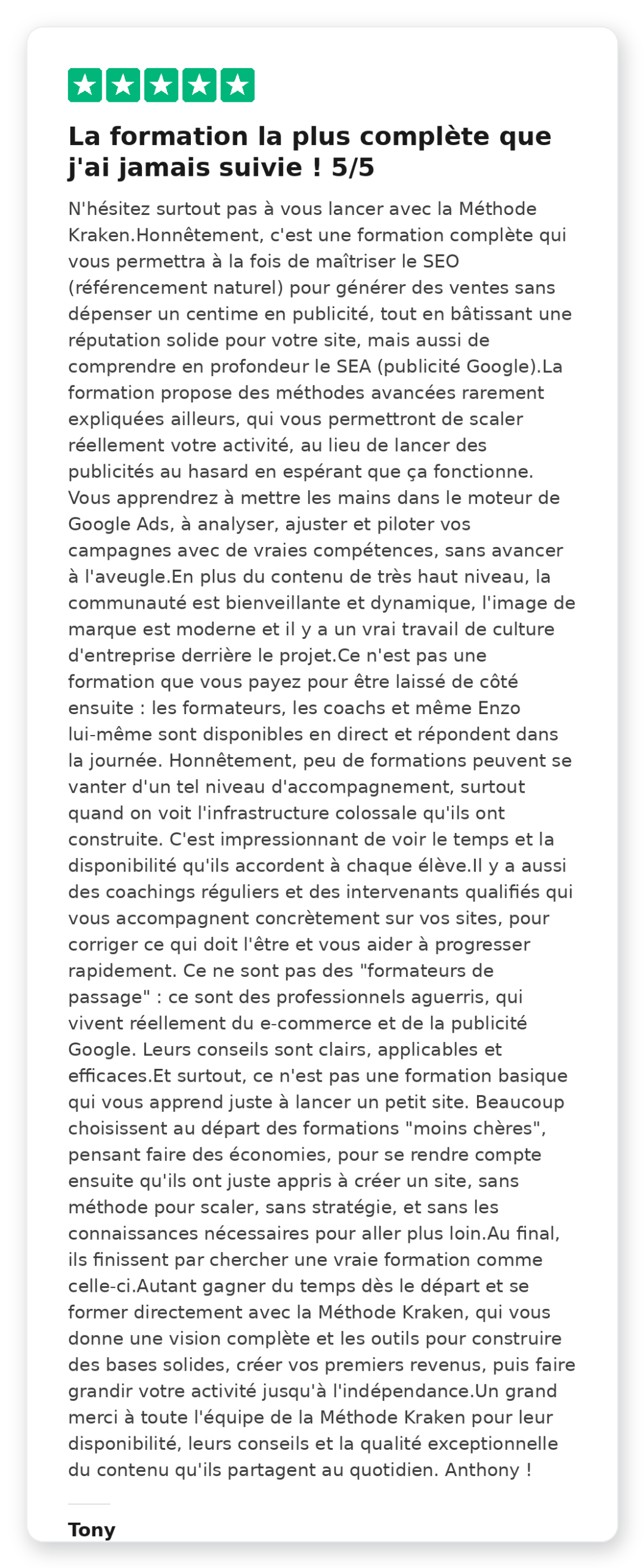 Avis Trustpilot 5 étoiles de Charlotte Guilbaud sur la Méthode Kraken