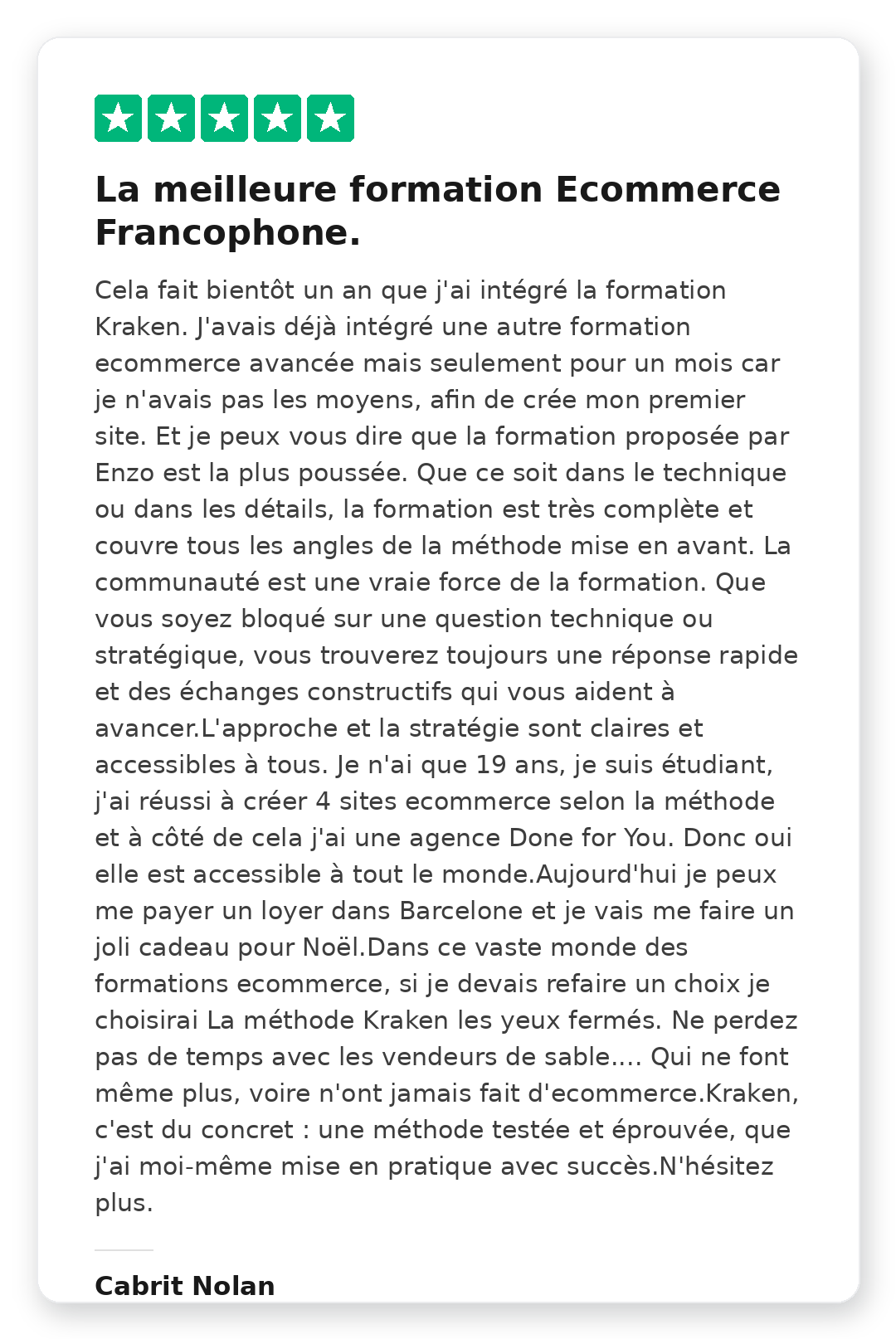 Avis Trustpilot 5 étoiles de David Martins sur la Méthode Kraken