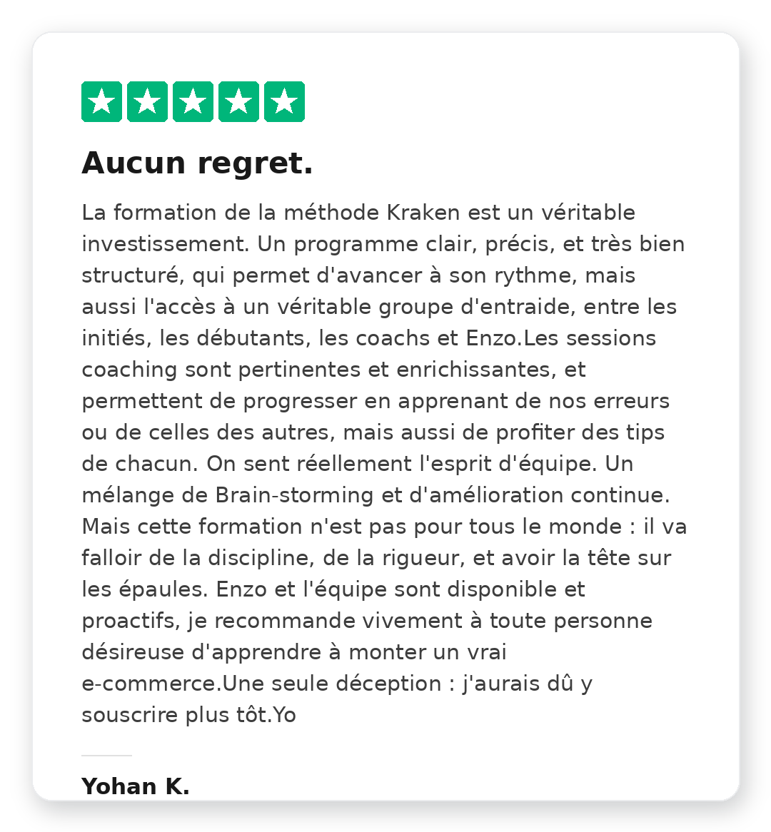 Avis Trustpilot 5 étoiles de Jean David Olekhnovitch sur la Méthode Kraken