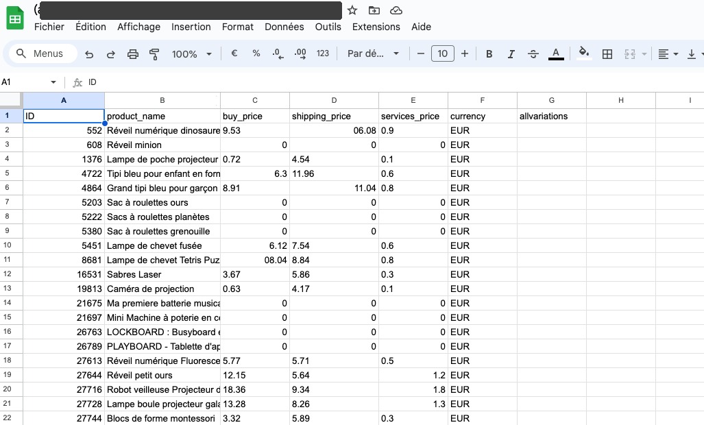 Tableau des prix d'achat, prix de livraison et service price renvoyé par HAO, produit par produit