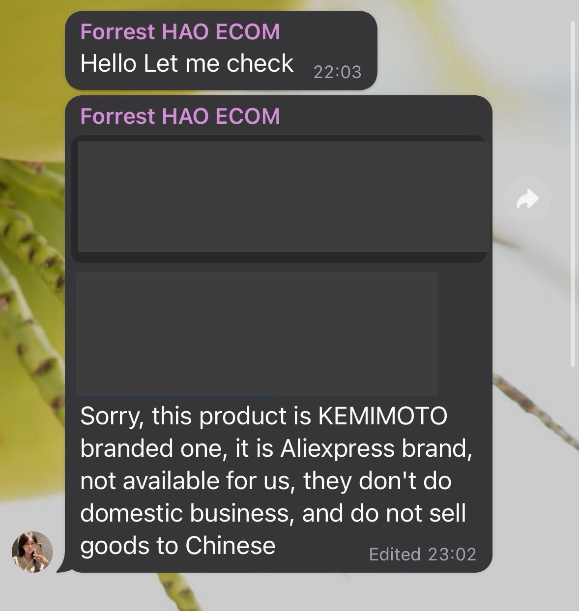 Échange WhatsApp avec HAO expliquant qu'un produit de marque AliExpress n'est pas accessible en domestique